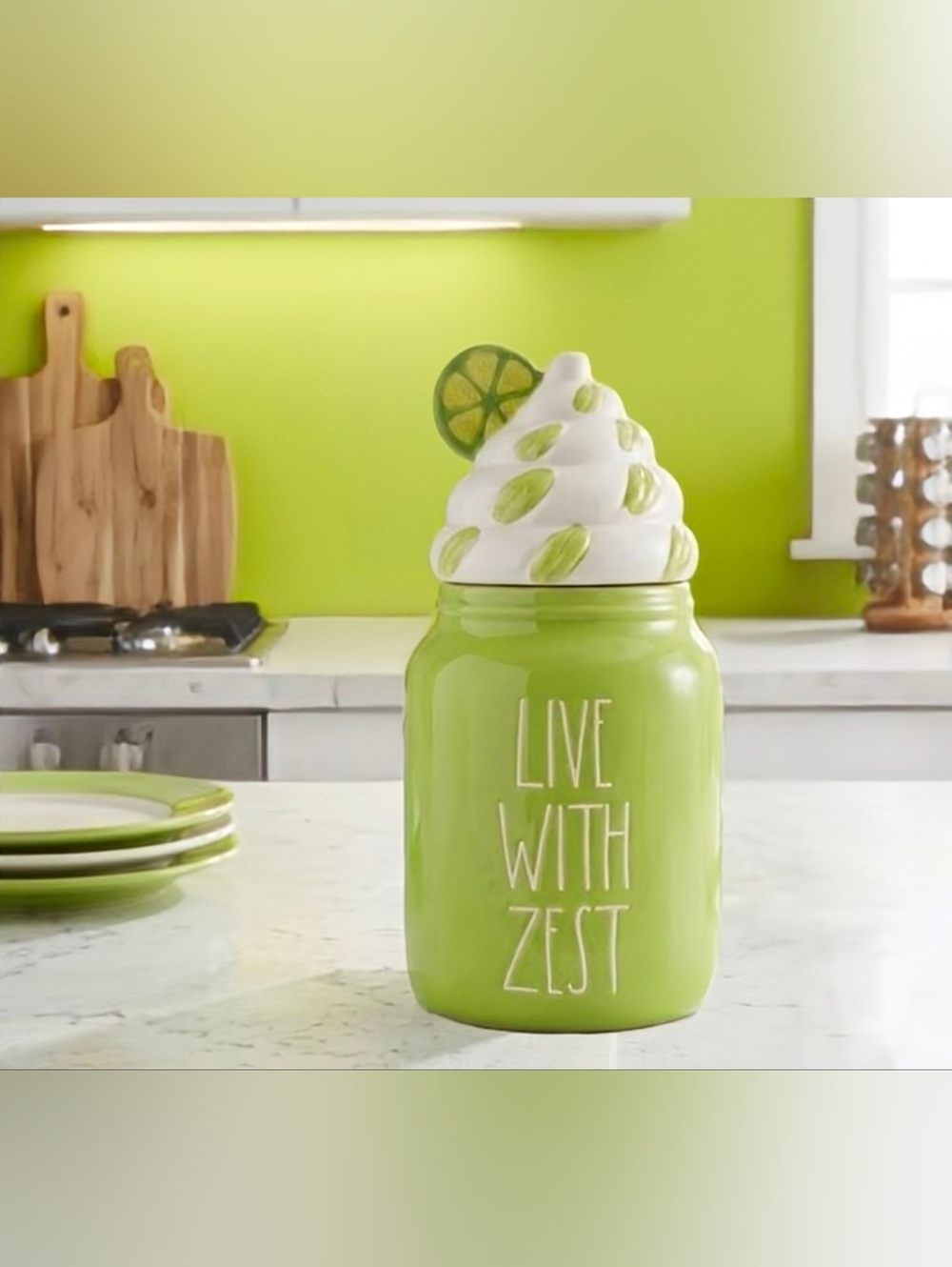 Rae Dunn LIVE WITH ZEST Canister with Whipped Cream Topper in Bright Lime Color